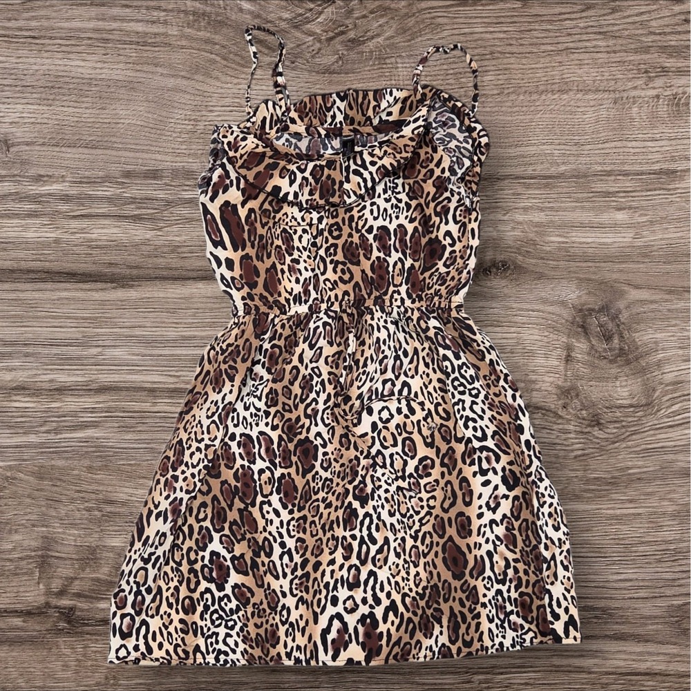Full Tilt Girls Leopard Print Ruffle Mini Dress Brown Tan XS Animal Print